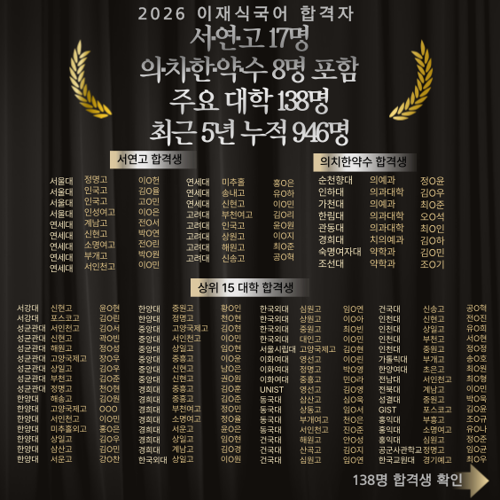 2026 이재식국어 대입 합격자 공식 명예의 전당 현황판
